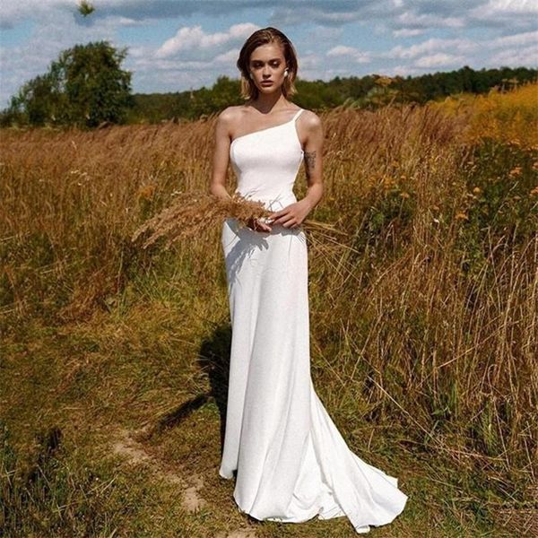 

plus size simple wedding dresses satin strap one shoulder bridal gown a line robe de mariee custom made, White