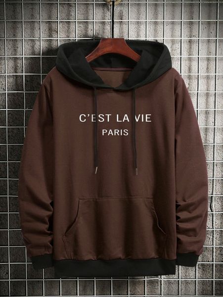 

men letter graphic drawstring kangaroo pocket hoodie 60ak#, Black