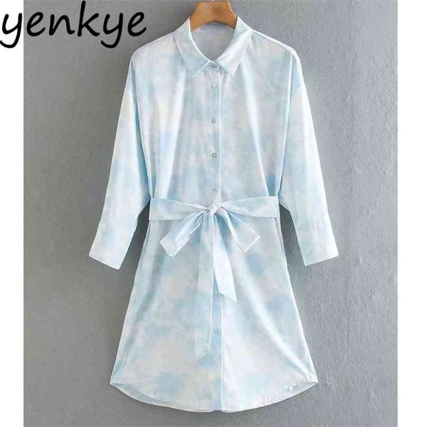 

women tie-dye print dress long sleeve lapel collar sashes autumn female plus size casual short vestido 210514, Black;gray