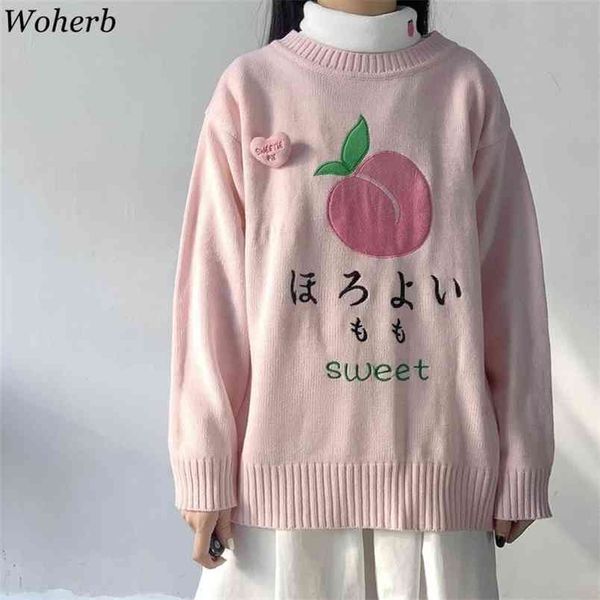 

women's sweater japanese kawaii ulzzang harajuku peach embroidery cute pink female korean clothing for women 210519, White