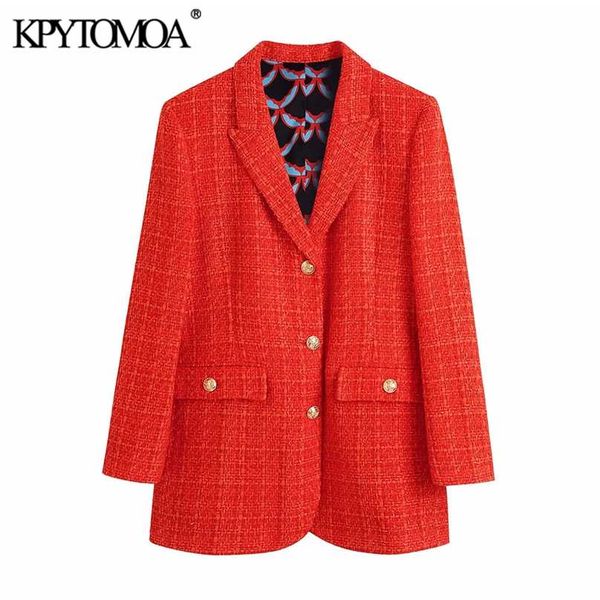 KPytomoa mulheres moda com forro de impressão montado tweed blazer casaco vintage bolsos de manga comprida feminina outerwear chique vestes 211006