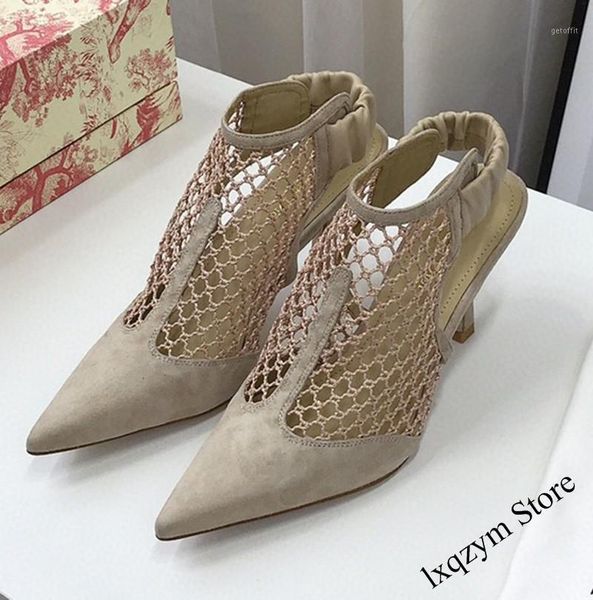 

sandals summer elegant mesh ankle brand women cut out mules kitten heels dress shoes ladies black beige runway rome1