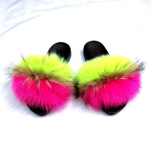 

real fur slides fluffy slipper plush flats summer flip slops lovely furry shoes slippers, Black