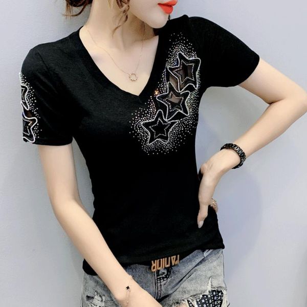 

women's t-shirt diamond star t-shirts 2021 summer woman short sleeve rhinestone pentagon tshirt women pentagram female tees mujer, White