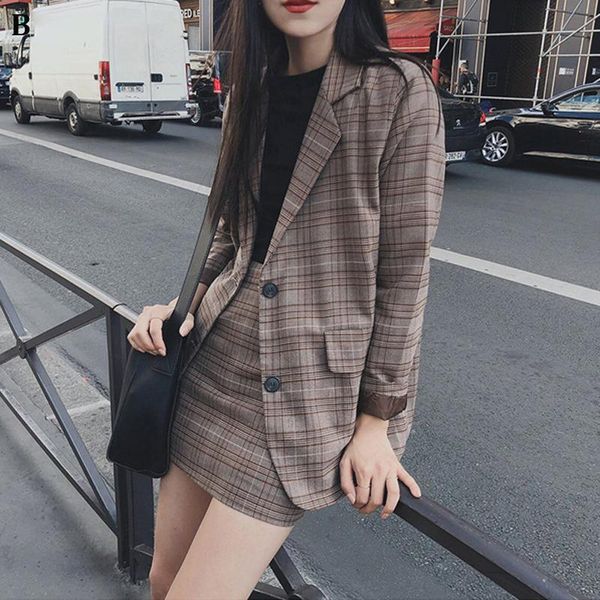 

two piece dress retro plaid blazer sets single-breasted jacket & pencil skirt vintage 2 pieces suits female office ladies suit1 ztjl, White