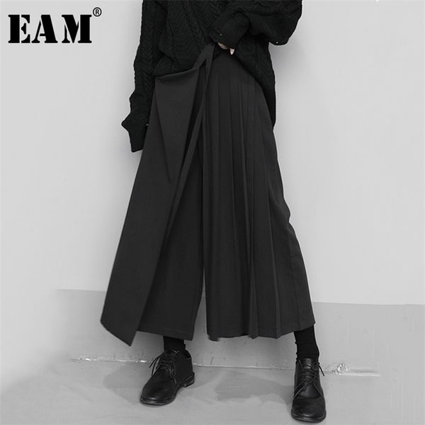 

[eam] high elastic waist black pleated split wide leg trousers loose fit pant fashion spring autumn 1n666 211124, Black;white