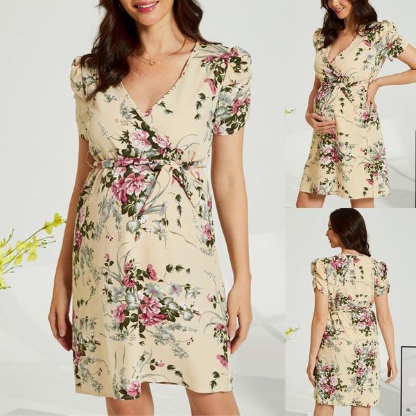

maternity dresses 2021 floral dress female vintage print v-neck casual women summer short sleeve high waist trapeze maxi dropship, White