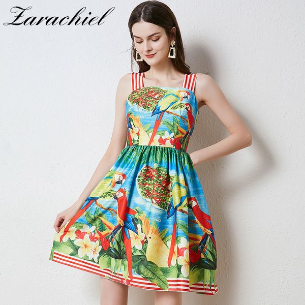 Süße Mädchen Cartoon Vögel Blumen bedrucktes Sommerkleid Damen ärmelloses Slash Neck Hohe Taille Urlaub kurze Weste Kleider 210416