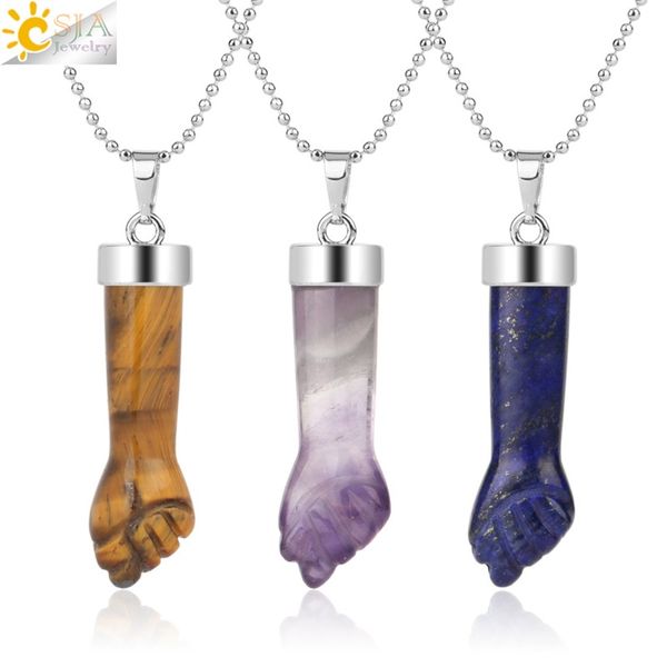 

csja new design natural stone pendants necklaces carved fist arm purple crystal quartz tiger eye lapis reiki jewelry women 1672 v2, Silver