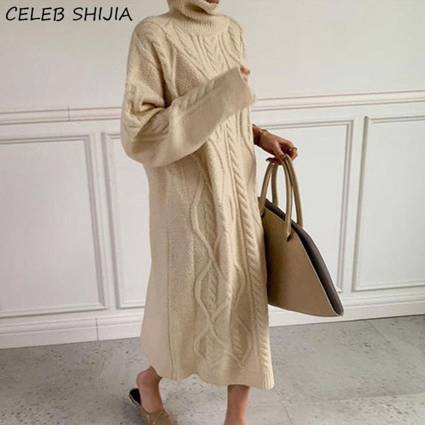 

casual dresses shijia long knitted dress women turtleneck criss-cross sweater autumn 2021 vintage sleeve loose winter clothing, Black;gray