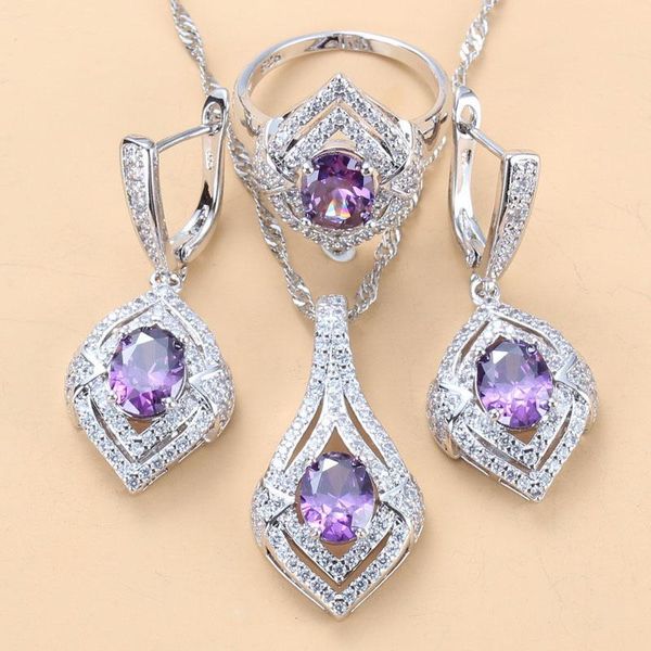 

earrings & necklace bridal jewelry sets fashion young women wedding accessories purple crystal cz dangle earring ring, Silver