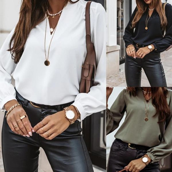 

basic simple office v neck women blouse solid slim long sleeves female blouses 2021 autumn fashion ladies casual clothes women's & shir, White