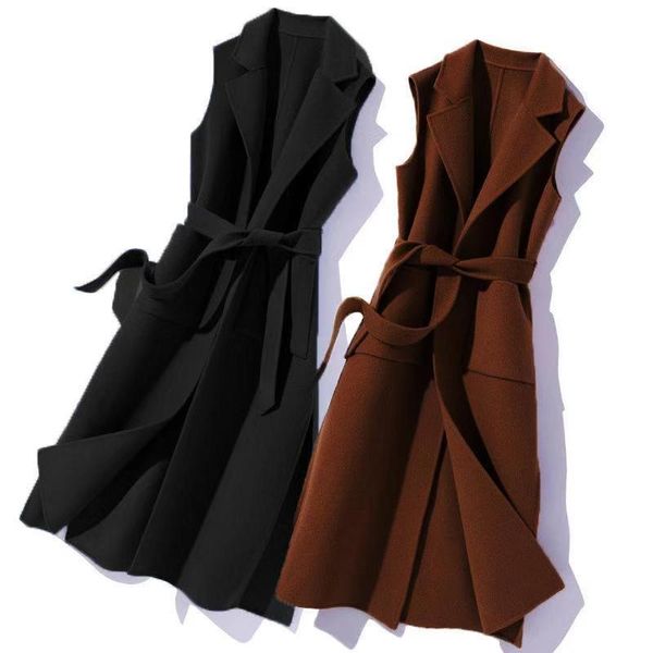 Женская смесовая шерсть, мода 2021, весенне-осенний жилет, пальто средней длины, женская смесовая шерстяная куртка без рукавов, повседневная женская куртка с поясом