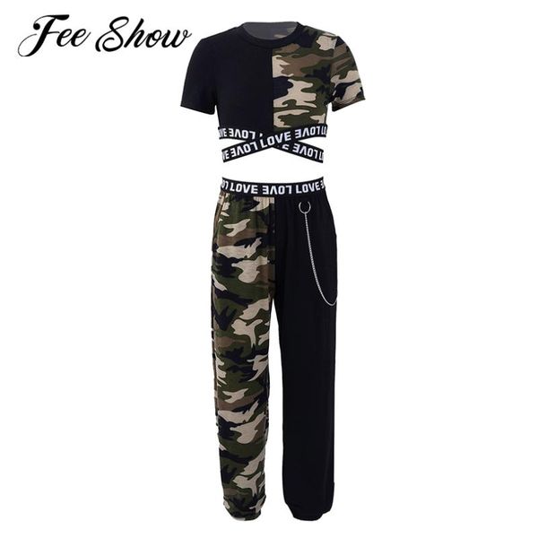 

running sets 2pcs kids girls sport suit tracksuits short sleeves camouflage print crop t-shirt and pants set dance gym workout outfit, Black;blue