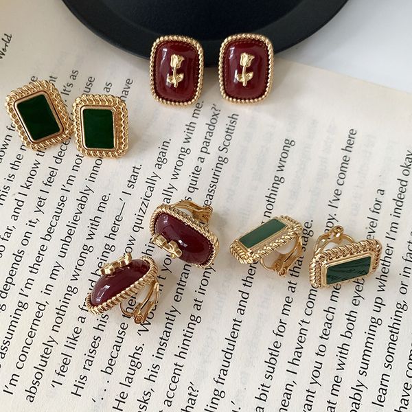 

s925 silver korean needle geometric square earrings wine red rose small ear clip oil dripping, Golden