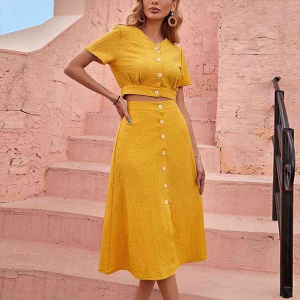 

women yellow suit with a-line skirt short sleeve cropped high waist buttons 2 piece female elegant casual summer, Gray