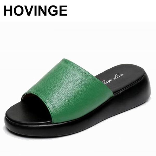 

slippers hovinge soft cowhide summer leather women sandals 2021 fashion flat wild plus size casual, Black