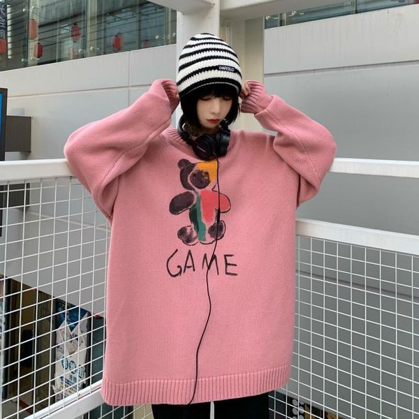 

harajuku autumn and winter bear print women's sweater thick oversized knitted loose coat student pullover sweaters, White;black