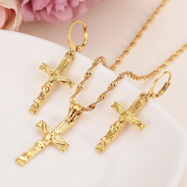 

earrings & necklace gold color jesus cross drop pendant elegant jewerly set for women dubai arab african jewelry, Silver