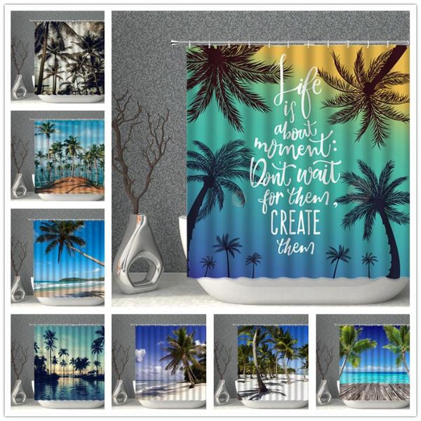 

shower curtains coconut tree seaside sea beach seascape waterproof polyester frabic bath curtain ocean bathroom decor with hooks