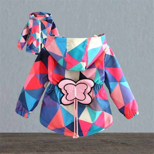 

jacket for girls sweet butterfly applique geometric pattern printed hooded windbreaker coat 2-7 year baby quality child clothing 211204, Blue;gray