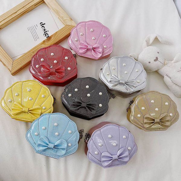 

girls handbags summer kids accessories childrens fashion shell pearl shoulder messenger bag leather princess chain purses b7229, Black