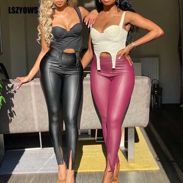 

black faux leather pants women fashion 2021 autumn winter pu trousers front split elastic skinny high waist pencil female women's & cap, Black;white