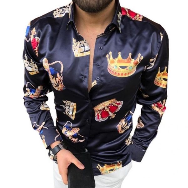 

men's casual shirts men slim shirt 2021 crown print turn-down collar smooth long sleeve buttons streetwear, White;black
