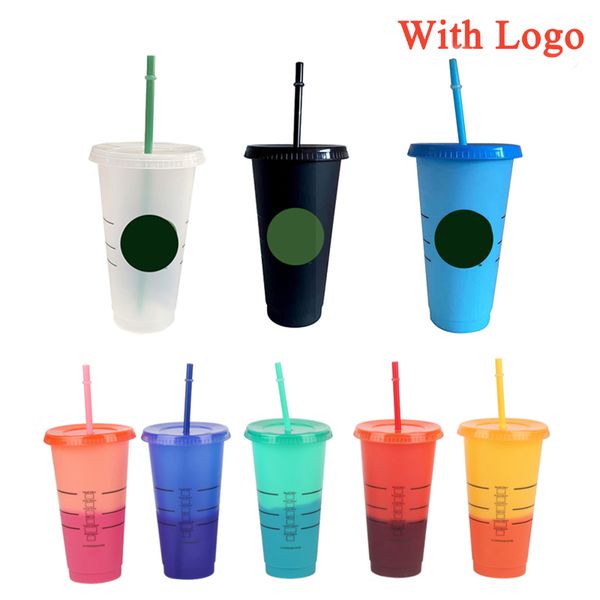 700 ML Renk Değişimi Kahve Fincanı Kapaklı Logo Saman Bardakları Kullanımlık Kupalar Plastik Tumbler Mat Bitirmek