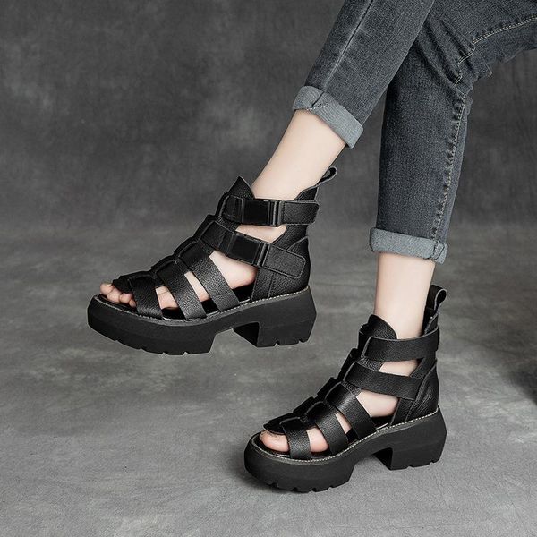 

dress shoes 2021 spring and summer leather retro solid color roman style wedge with fish mouth hollow ladies sandals, Black