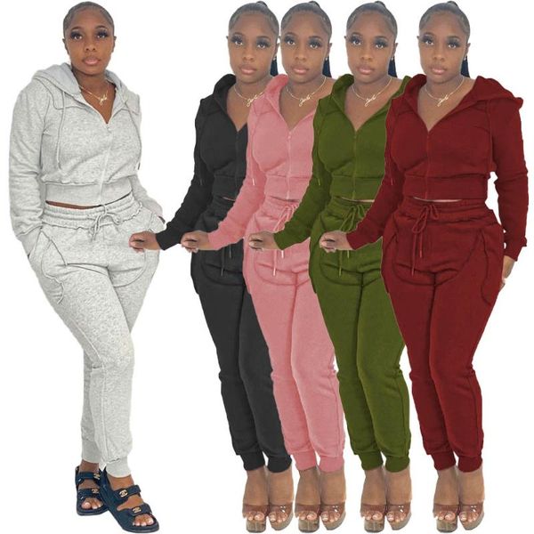 

women's two piece pants high-quality fabric hooded zipper casual two-piece suit autumn product long-sleeved trousers fashion, White