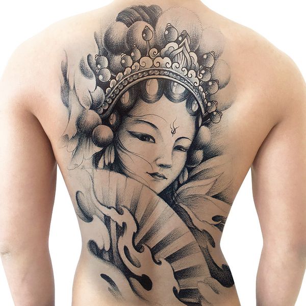 

full back tattoo sticker waterproof male fan geisha lasting simulation