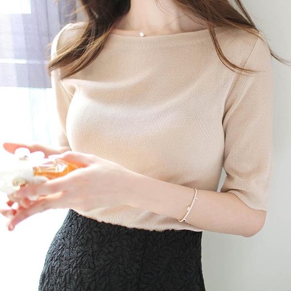 

women's t-shirt 2021 summer arrival ice silk knitted t shirt women half sleeve slash neck thin pullover fashion tee femme solid, White