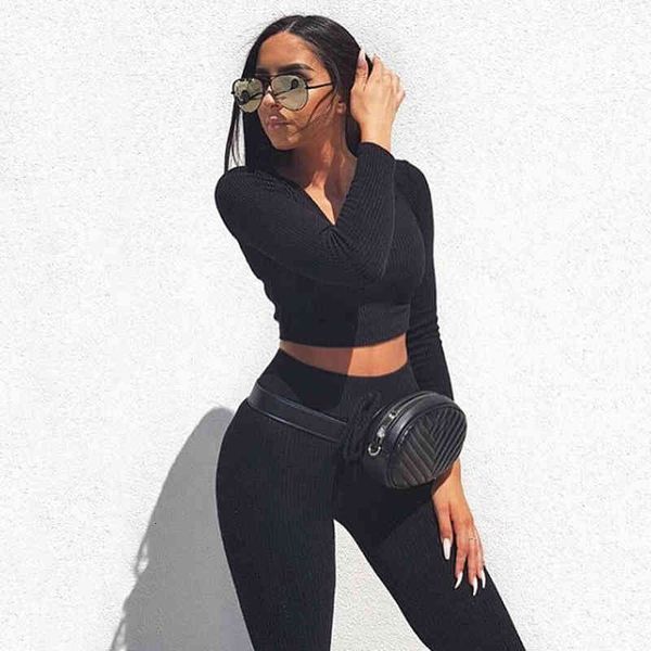 

spring 2 outfits for women women's clothing v neck knitted tracksuit two piece set long sleeves crop pants 201008, White