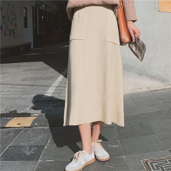 

high-waisted skirt knitted korean style pocket loose fit fashion tide spring autumn 2021 b38-a skirts, Black