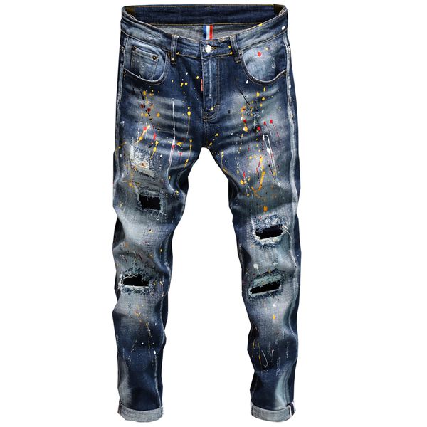 

fashion jeans style personality ripped men's male korean trendy paint dot splash ink design slim print pants trousers, Blue