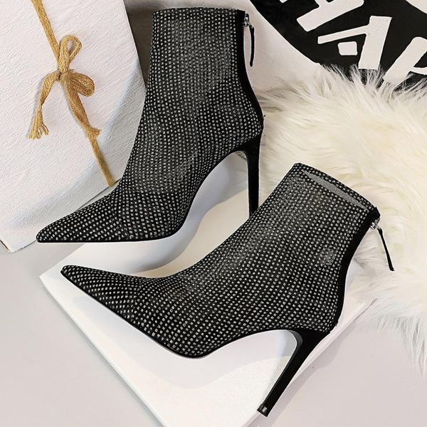 

boots 2021 summer women luxury elegant mesh 9.5cm high heels glitter pumps ankle nightclub stiletto lace shoes, Black