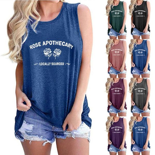 

women's t-shirt vest roses printed letters round collar sleeveless, White