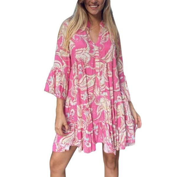 

casual dresses womens summer 2021 holiday clothes flare sleeve loose dress beach style printed v-neck ladies fashion mini, Black;gray