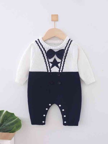 

baby colorblock star pattern bow front knit jumpsuit she, Blue