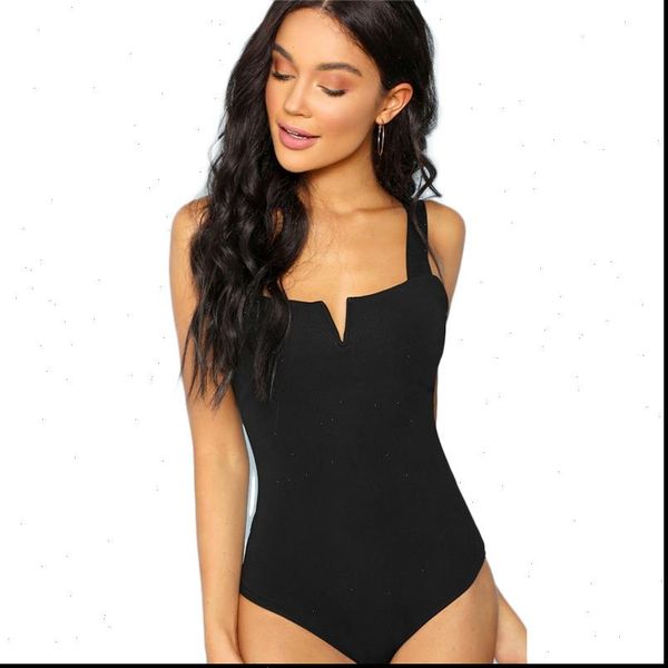 

black v cut front women jumpsuit bodysuit straps plain skinny sleeveless bodysuits autumn stretchy minimalist, Black;white
