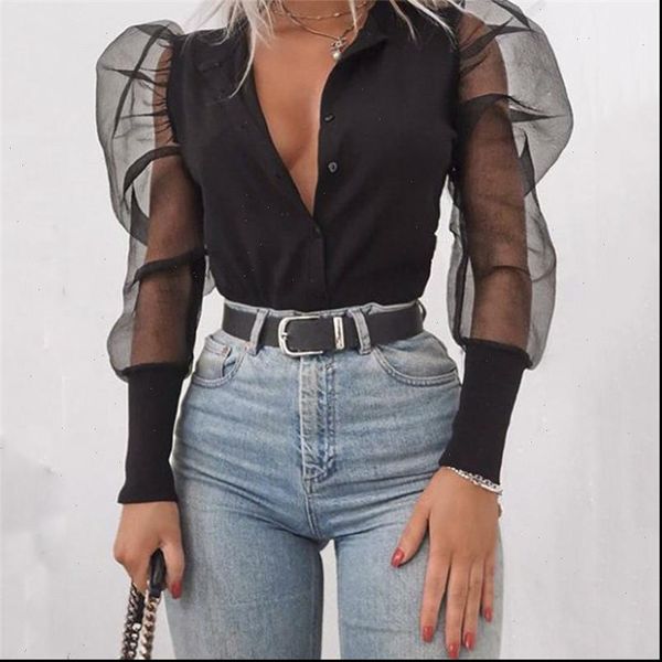 

women shirts fashion womens v neck blouses tulle ruffle long puff sleeve shirt solid lady all matching autumn, White