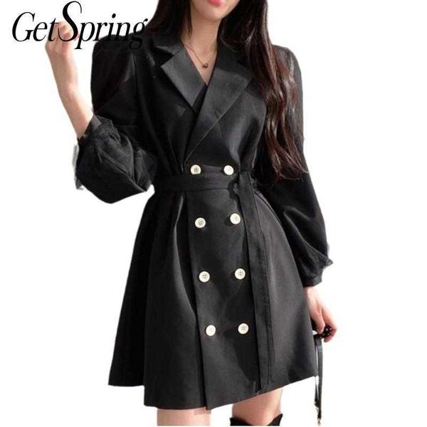 

getspring women dress lantern sleeve bandage plaid mesh patchwork vintage dresses long spring/autumn 210601, Black;gray
