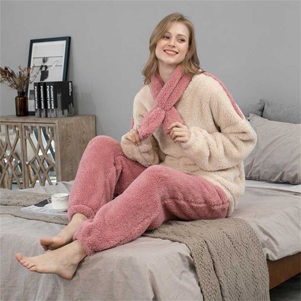 

fleece pajama set women's solid long sleeve winter terry ladies pijama suit 2 pcs with pants thick warm home clothes female 211116, Black;red