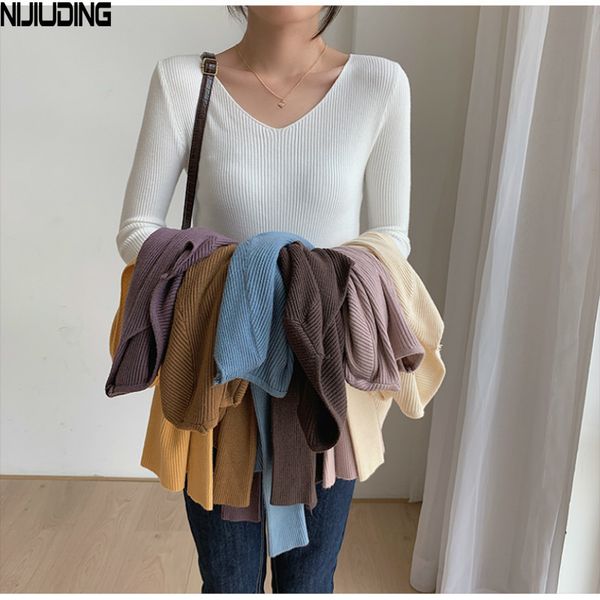

v-neck women knitted pullover long sleeve solid color thick warm slim female sweater jumpers autumn winter 210514, White;black