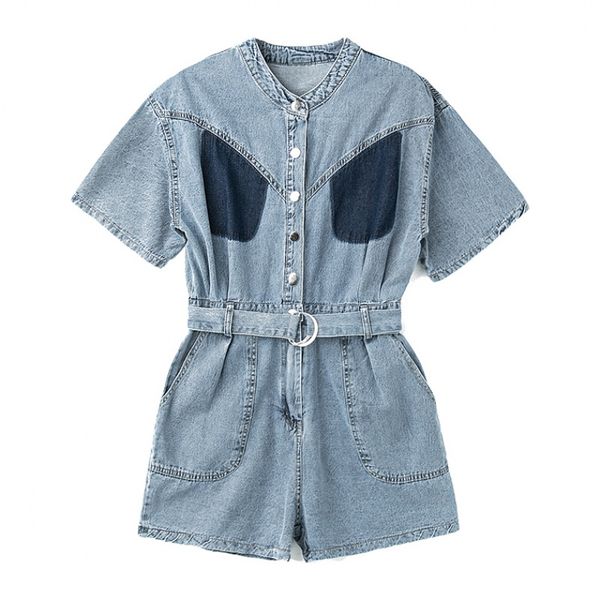 

blue denim mandarin collar short sleeve button sash pocket playsuits highstreet women romper j0102 210514, Black;white