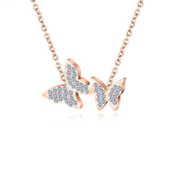 

pendant necklaces 316l stainless steel necklace romantic butterfly design with zircon rose gold collarbone chain, Silver