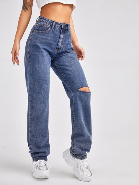 

high waist slant pocket ripped straight jeans v9ew#, Blue