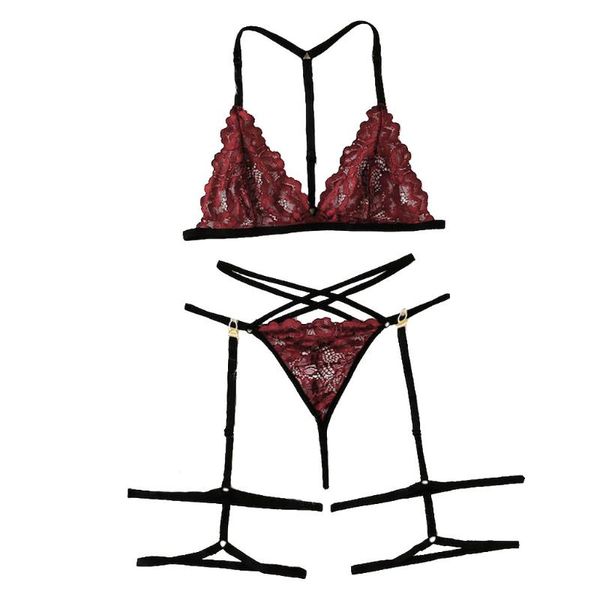 

bras sets muqgew 2021 summer fashion women bra corsetexquisite lace lingerie bra+garter+briefs set babydoll cut-out sleepwear#4, Red;black