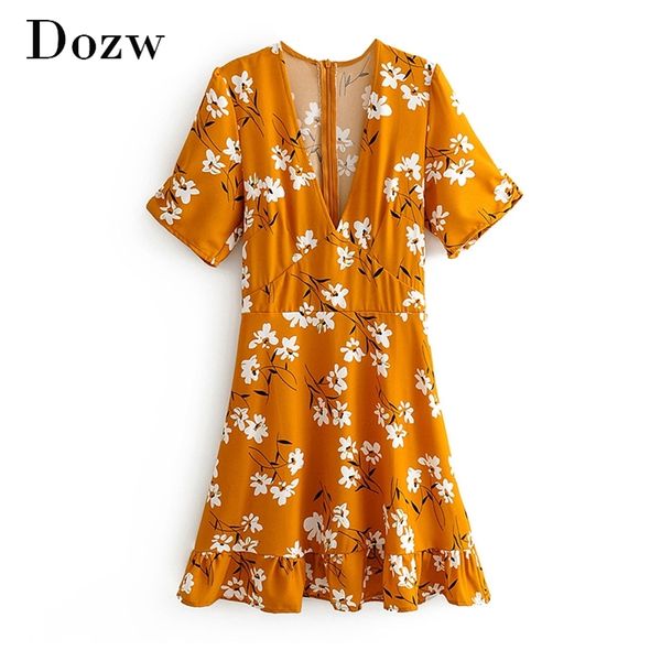 Mulheres V Pescoço Cópia Floral Mini Vestidos Uma linha Manga Curta Ruffle Vestido Vintage Verão Boho Beach Sundress Vestido 210515